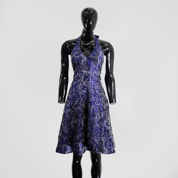 Debut Royal Blue Silver Paisley Print Halter Dress - Picture 1 of 4